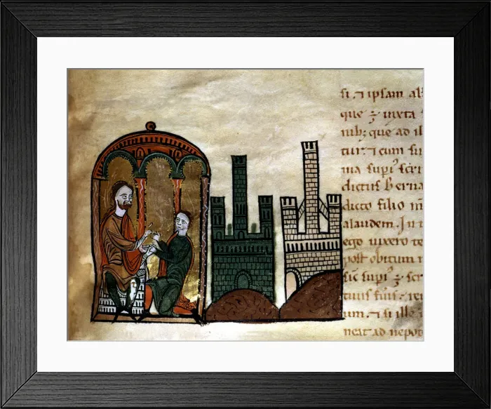 Framed Print : Bernat I Tallaferro from Besalu (? 970 - 1020), Count of Besalu, donates his Framed Print : Bernat I Tallaferro from Besalu (? 970 - 1020), Count of Besalu, donates his