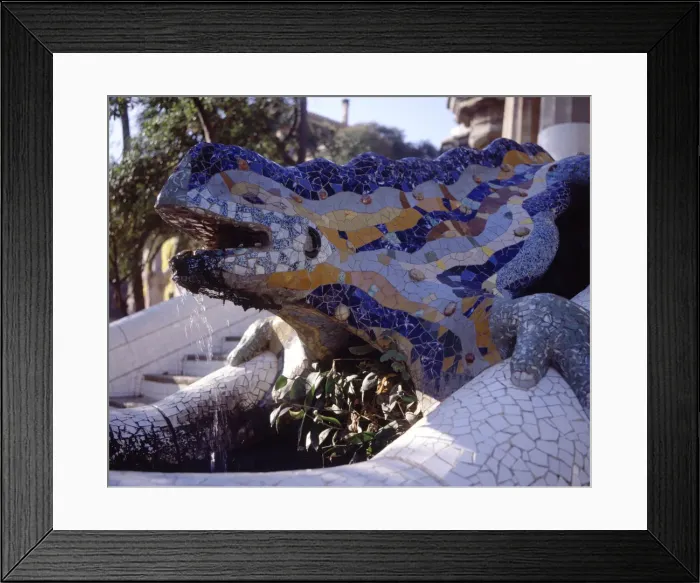 Framed Print : Detail of the dragon in the entrance stairway to Park Güell, built between 1900-1914 Framed Print : Detail of the dragon in the entrance stairway to Park Güell, built between 1900-1914