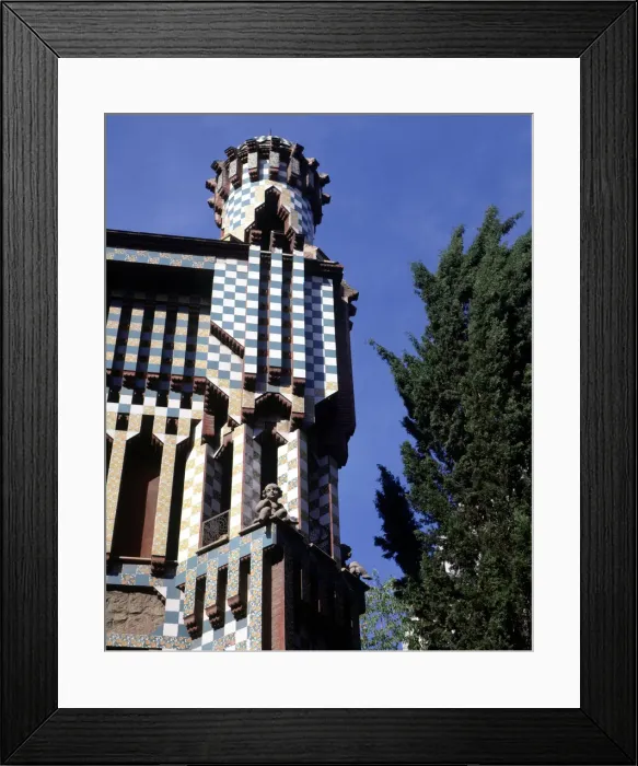 Framed Print : Detail of the top of the facade of the Vicens House, 1883-1888, designed by Antonio Gaudi Framed Print : Detail of the top of the facade of the Vicens House, 1883-1888, designed by Antonio Gaudi
