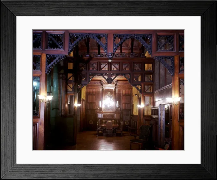 Framed Print : Perspective view of the main dining room of the Güell Palace with the original furniture Framed Print : Perspective view of the main dining room of the Güell Palace with the original furniture
