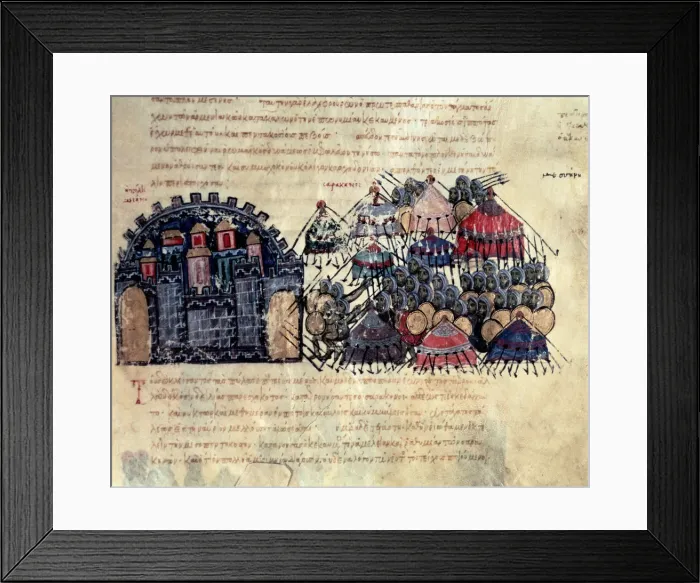 Framed Print : Byzantine besieging Messina, miniature in Scylitzes Matritensis, (facsimile edition Framed Print : Byzantine besieging Messina, miniature in Scylitzes Matritensis, (facsimile edition
