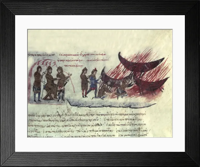 Framed Print : Saracens landed in Crete, Miniature in Scylitzes matritensis (facsimile edition Framed Print : Saracens landed in Crete, Miniature in Scylitzes matritensis (facsimile edition