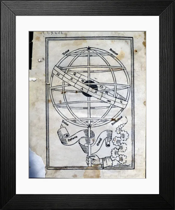 Framed Print : Astronomicon, cover of the work with an armillary sphere, published in Venice in 1485 Framed Print : Astronomicon, cover of the work with an armillary sphere, published in Venice in 1485