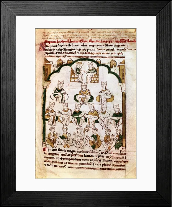 Framed Print : 7th century, 7th Council of Toledo, summoned by King Chindasvinto, miniature in Primacy Framed Print : 7th century, 7th Council of Toledo, summoned by King Chindasvinto, miniature in Primacy