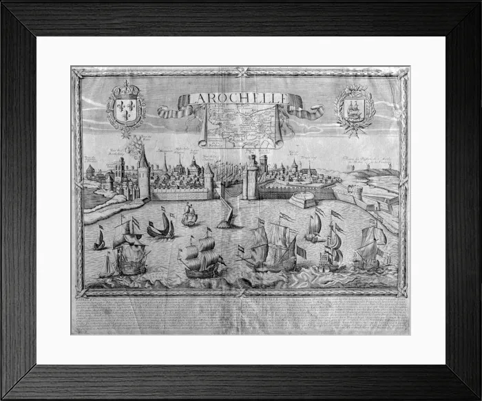 Framed Print : View of the city of La Rochel, metal engraving signed by Jollain Framed Print : View of the city of La Rochel, metal engraving signed by Jollain