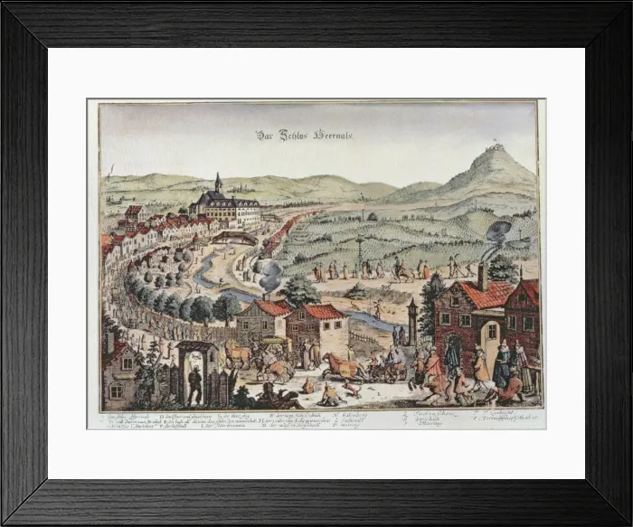 Framed Print : View of the north of Vienna with Schloss Hernals and Kahlenberg hills, colored engraving Framed Print : View of the north of Vienna with Schloss Hernals and Kahlenberg hills, colored engraving
