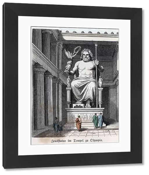 Statue of Olympian Jupiter in a Greek temple. Coloured engraving, 1865