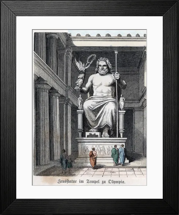 Framed Print : Statue of Olympian Jupiter in a Greek temple. Coloured engraving, 1865 Framed Print : Statue of Olympian Jupiter in a Greek temple. Coloured engraving, 1865