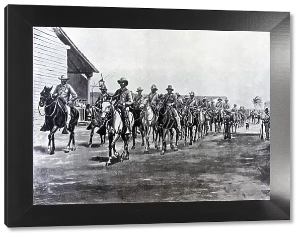 Cuba War, Spanish troops riding back from an expedition, engraving, 1897