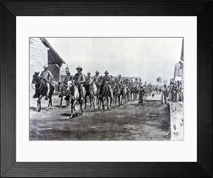 Framed Print : Cuba War, Spanish troops riding back from an expedition, engraving, 1897 Framed Print : Cuba War, Spanish troops riding back from an expedition, engraving, 1897