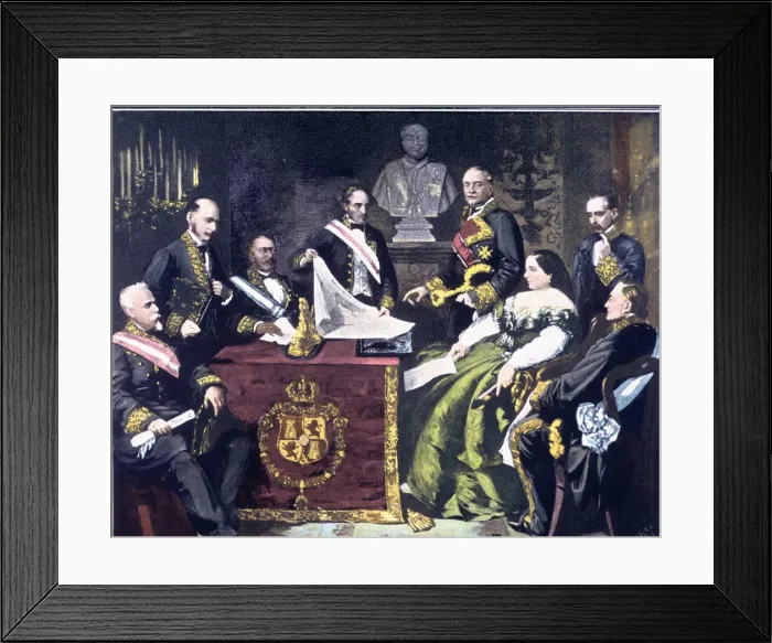 Framed Print : The Council of Ministers headed by Elizabeth II declares war on Morocco in 1859, engraving Framed Print : The Council of Ministers headed by Elizabeth II declares war on Morocco in 1859, engraving