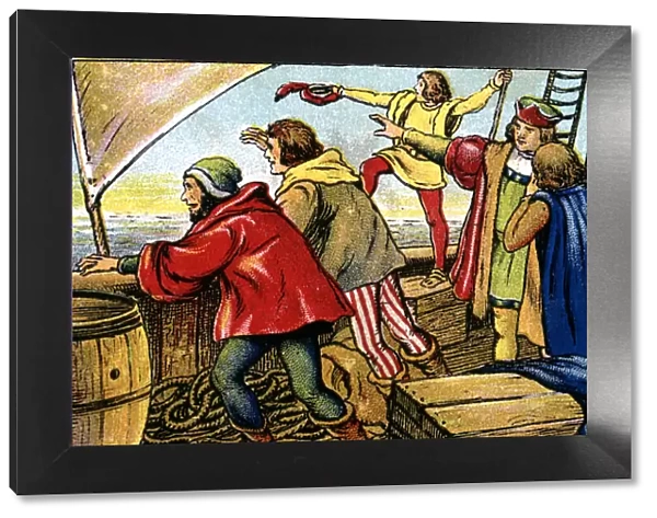 Scene of the discovery of America, sailors of the caravel La Pinta crying Land ho