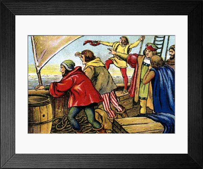 Framed Print : Scene of the discovery of America, sailors of the caravel La Pinta crying Land ho Framed Print : Scene of the discovery of America, sailors of the caravel La Pinta crying Land ho