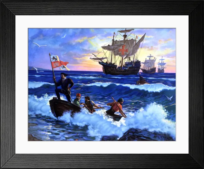 Framed Print : Time of arrival and landing of Columbus to the island of San Salvador in 1492, colored engraving Framed Print : Time of arrival and landing of Columbus to the island of San Salvador in 1492, colored engraving