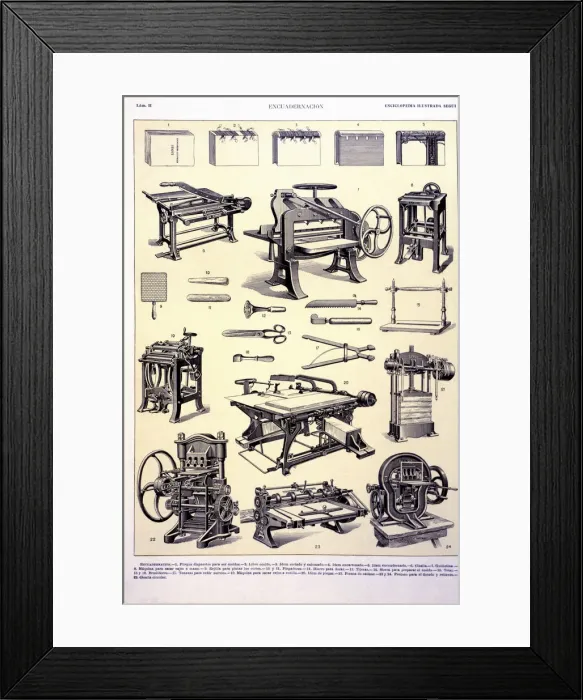 Framed Print : Different machines and instruments used in the early 20th century for book binding Framed Print : Different machines and instruments used in the early 20th century for book binding
