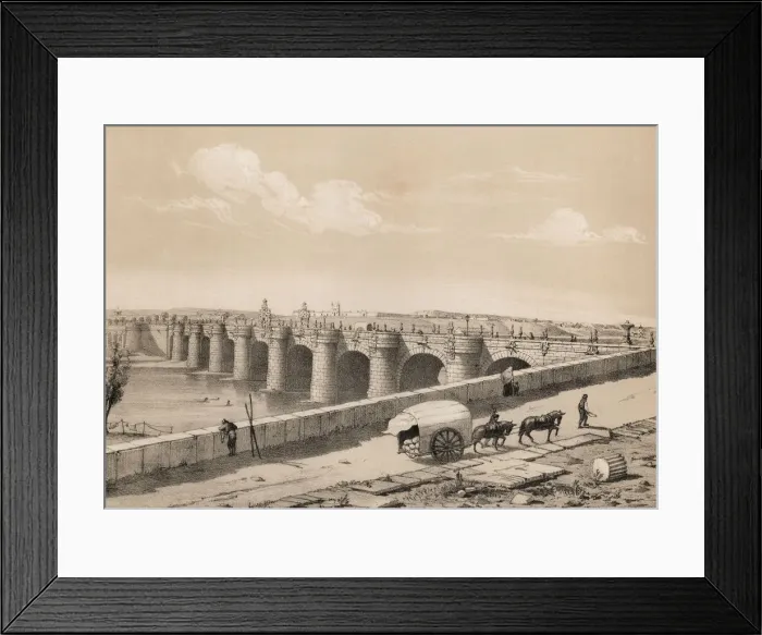 Framed Print : Madrid, Toledo bridge on the river Manzanares in 1842, Baroque (churrigueresco) Framed Print : Madrid, Toledo bridge on the river Manzanares in 1842, Baroque (churrigueresco)