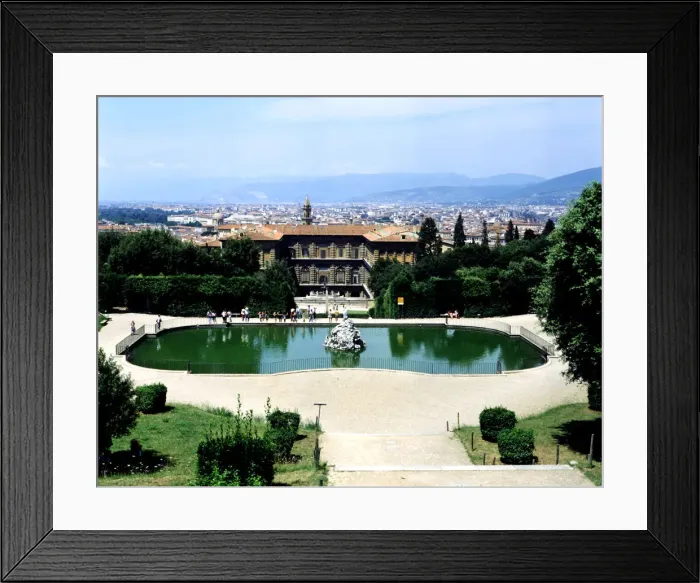 Framed Print : Pitti Palace, built according to plans by Brunelleschi with the city of Florence Framed Print : Pitti Palace, built according to plans by Brunelleschi with the city of Florence