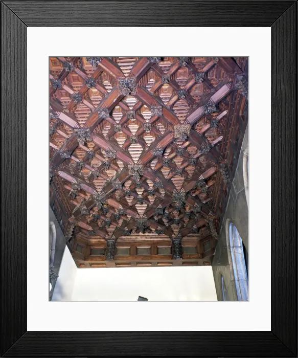 Framed Print : Wood coffered ceiling in one of the upstairs ceilings of the Güell Palace, built Framed Print : Wood coffered ceiling in one of the upstairs ceilings of the Güell Palace, built