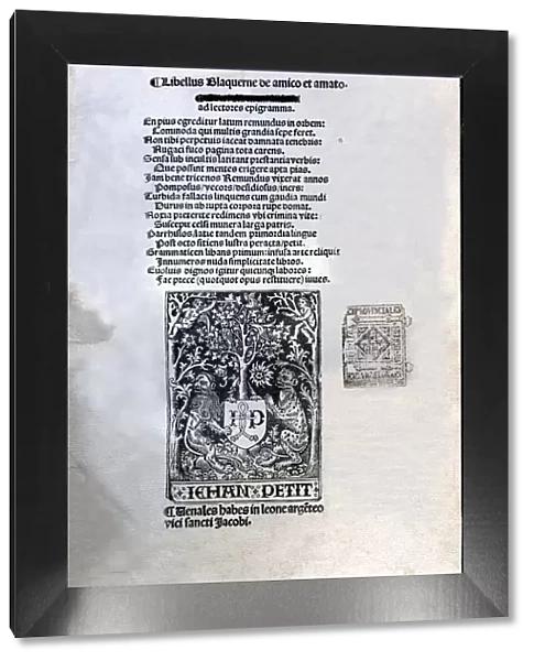 Cover of the Latin edition printed by Jean Petit in Paris in 1505, Libre d Amic e d Amat