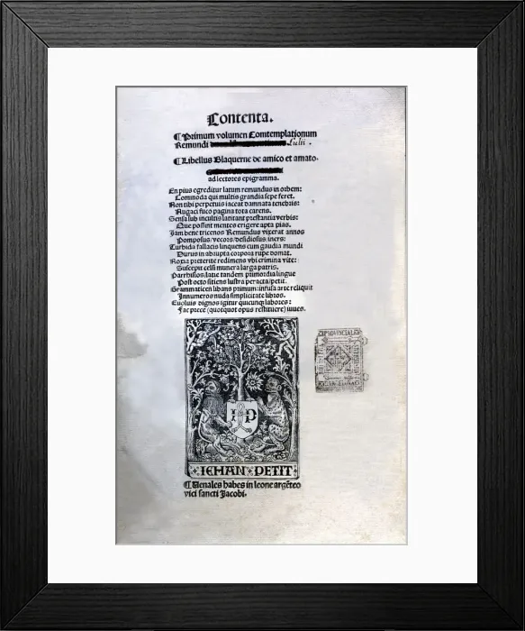 Framed Print : Cover of the Latin edition printed by Jean Petit in Paris in 1505, Libre d Amic e d Amat Framed Print : Cover of the Latin edition printed by Jean Petit in Paris in 1505, Libre d Amic e d Amat