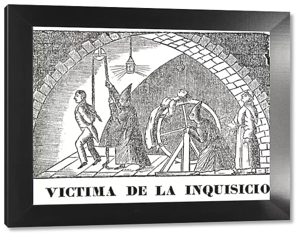 Popular engraving showing a scene of the Inquisition with various torture devices, etching, 1850