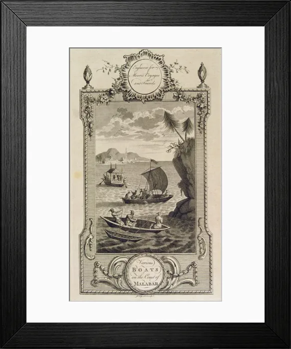 Framed Print : Boats on the Malabar coast, engraving in the work Voyages and Travels by John Hamilton Moore Framed Print : Boats on the Malabar coast, engraving in the work Voyages and Travels by John Hamilton Moore