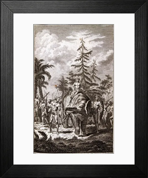 Framed Print : King of Cochin on his elephant accompanied by his court, engraving in the work Abregé Framed Print : King of Cochin on his elephant accompanied by his court, engraving in the work Abregé