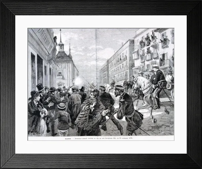 Framed Print : Attack in Madrid against King Alphonse XII. 25 Oct. 1878, engraving in the Illustration Framed Print : Attack in Madrid against King Alphonse XII. 25 Oct. 1878, engraving in the Illustration