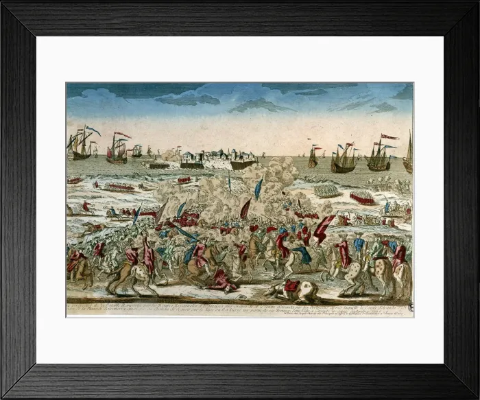 Framed Print : Invasion of Portugal. (1762). Taking of Salvatierra on September 16, 1762, colored engraving Framed Print : Invasion of Portugal. (1762). Taking of Salvatierra on September 16, 1762, colored engraving
