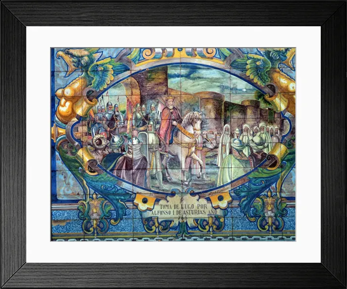 Framed Print : Taking Lugo by Alphonse I of Asturias in 755, tile panel in the Spain square in Seville Framed Print : Taking Lugo by Alphonse I of Asturias in 755, tile panel in the Spain square in Seville