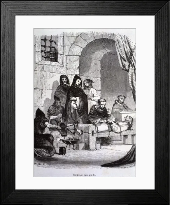 Framed Print : Dungeons of the Inquisition, executioners applying the torment of fire in feet Framed Print : Dungeons of the Inquisition, executioners applying the torment of fire in feet