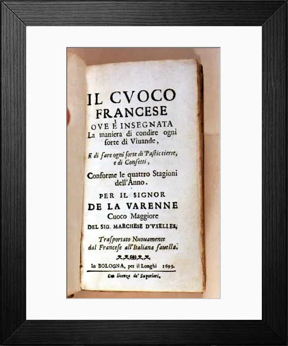 Framed Print : Cover of Il cuoco Francese, printed in Bologna, Il. Longhi, 1693 Framed Print : Cover of Il cuoco Francese, printed in Bologna, Il. Longhi, 1693