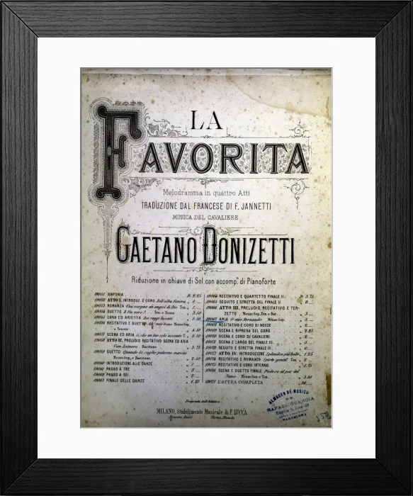 Framed Print : Cover of the score of the opera The Favourite by Gaetano Donizetti Framed Print : Cover of the score of the opera The Favourite by Gaetano Donizetti
