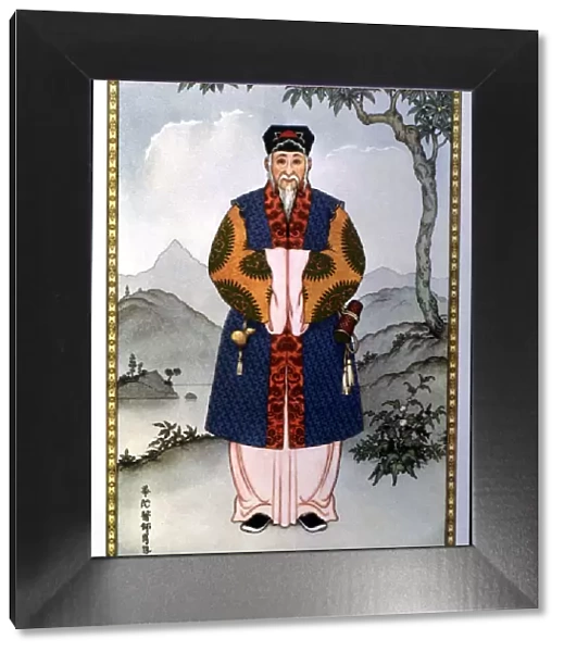 Image of a Chinese doctor of the early dynasties, carrying instruments to practice acupuncture