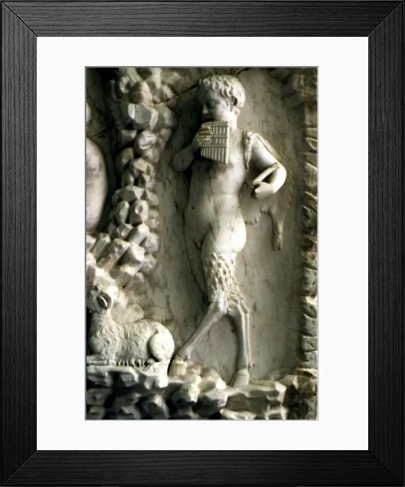 Framed Print : God Pan as a child playing the flute, fragment of the relief in Amalthea fountain Framed Print : God Pan as a child playing the flute, fragment of the relief in Amalthea fountain