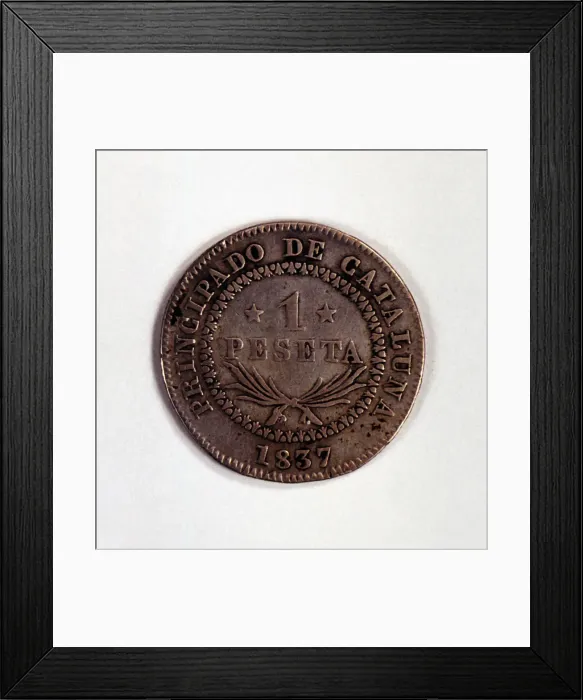 Framed Print : Head of a one-peseta coin in silver, reign of Elizabeth II, 1837. Catalonia Framed Print : Head of a one-peseta coin in silver, reign of Elizabeth II, 1837. Catalonia