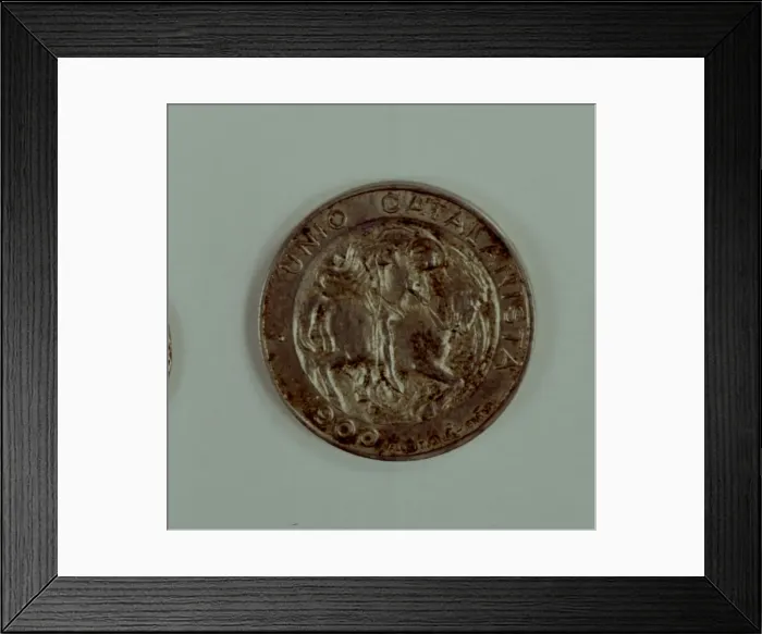 Framed Print : Head of a one-peseta coin in silver used as a medal of the Catalanist Union, work Framed Print : Head of a one-peseta coin in silver used as a medal of the Catalanist Union, work