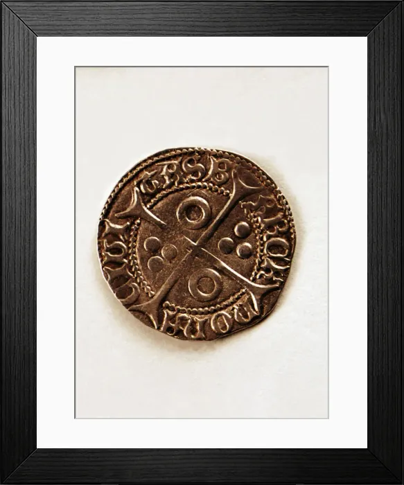 Framed Print : Reverse of a coin of one-cruzado in silver, from the reign of Ferdinand I of Antequera Framed Print : Reverse of a coin of one-cruzado in silver, from the reign of Ferdinand I of Antequera