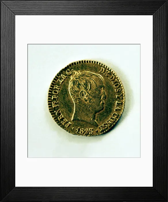Framed Print : Head of a eighty-reales doubloon in gold, reign of Ferdinand VII. Mint: Barcelona, 1823 Framed Print : Head of a eighty-reales doubloon in gold, reign of Ferdinand VII. Mint: Barcelona, 1823