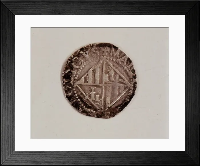 Framed Print : Reverse of a one-real coin in silver, during the reign of Philip III, found in Majorca Framed Print : Reverse of a one-real coin in silver, during the reign of Philip III, found in Majorca