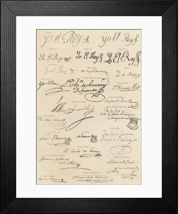 Framed Print : Signatures of Kings and famous people of the Spanish court, engraving, 1870 Framed Print : Signatures of Kings and famous people of the Spanish court, engraving, 1870