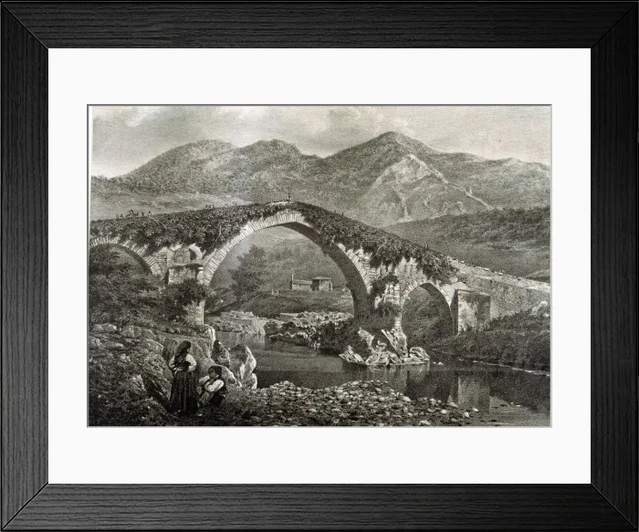 Framed Print : Bridge in Cangas de Onis on the River Sella and the hermitage of Santa Cruz, lithograph Framed Print : Bridge in Cangas de Onis on the River Sella and the hermitage of Santa Cruz, lithograph