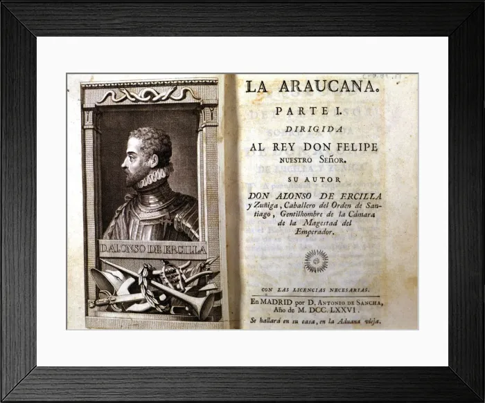 Framed Print : Cover of the book La Araucana, 1776 edition with engraving of the bust of the author Framed Print : Cover of the book La Araucana, 1776 edition with engraving of the bust of the author