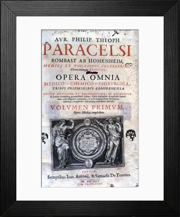 Framed Print : Cover of the work Opera Omnia by Paracelsus, edition of 1658 Framed Print : Cover of the work Opera Omnia by Paracelsus, edition of 1658