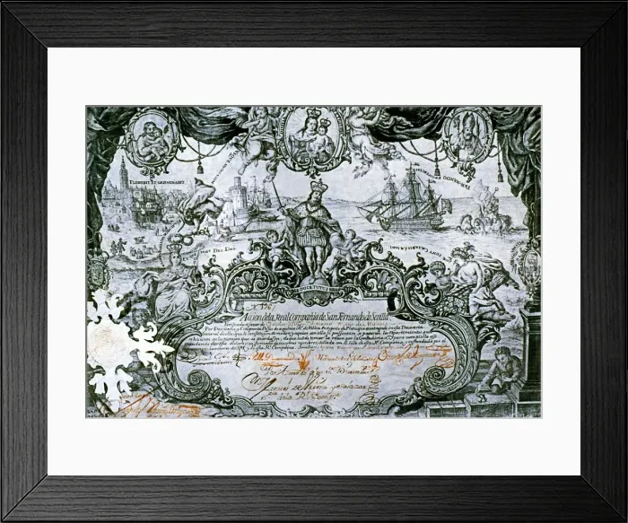 Framed Print : Share of the Real Compania de San Fernando de Sevilla, issued on 23rd August 1748 Framed Print : Share of the Real Compania de San Fernando de Sevilla, issued on 23rd August 1748