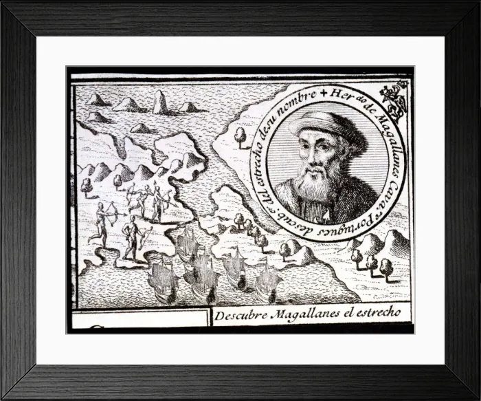Framed Print : Magellan discovers the Strait, engraving from 1726, Ferdinand Magellan (1480-1521) Framed Print : Magellan discovers the Strait, engraving from 1726, Ferdinand Magellan (1480-1521)