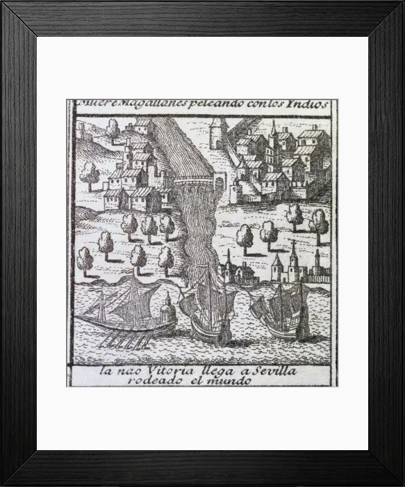 Framed Print : The ship Victoria on arrival to Seville in 1522, it was one of the five ships of