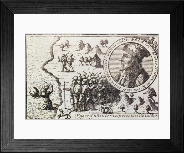 Framed Print : Vasco Nunez takes possession of the South Sea, engraving from 1726, Vasco Nunez de Balboa Framed Print : Vasco Nunez takes possession of the South Sea, engraving from 1726, Vasco Nunez de Balboa