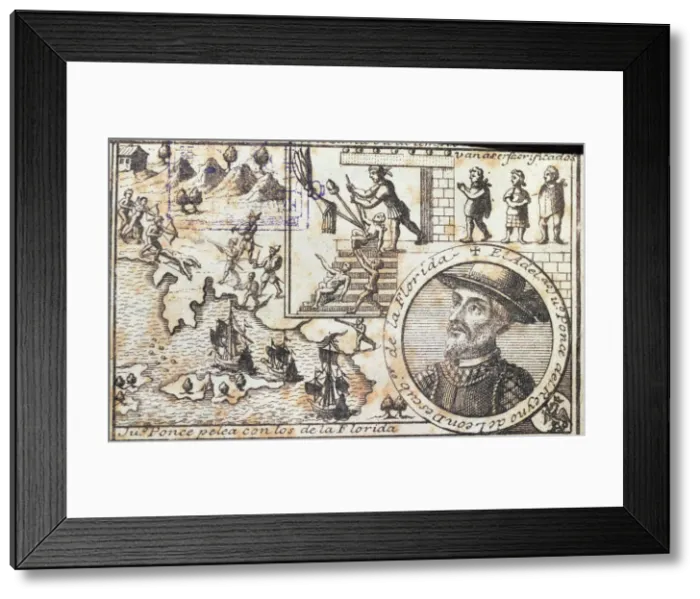 Framed Print : Juan Ponce fights with the Florida people and they are going to be killed, engraving Framed Print : Juan Ponce fights with the Florida people and they are going to be killed, engraving