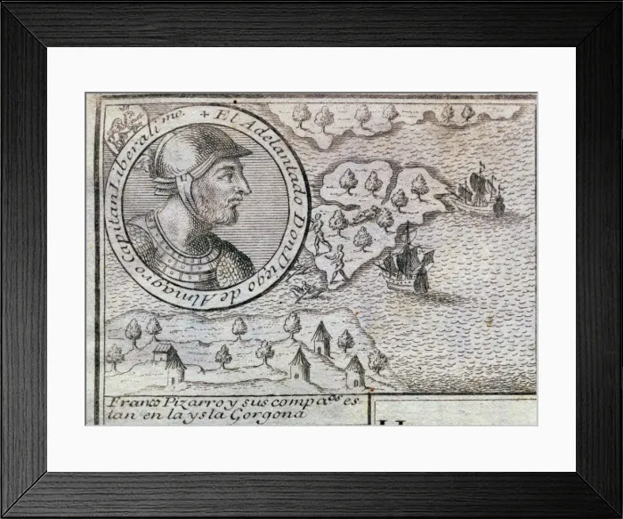 Framed Print : Francisco Pizarro and his companions are on the Gorgona island, engraving from 1726 Framed Print : Francisco Pizarro and his companions are on the Gorgona island, engraving from 1726